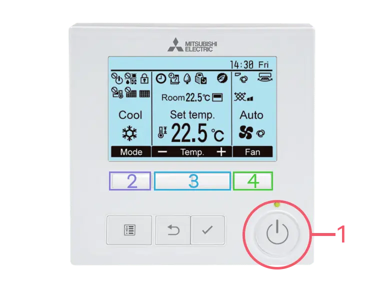 Mitsubishi Electric air-conditioning wall controller with numbered controls
